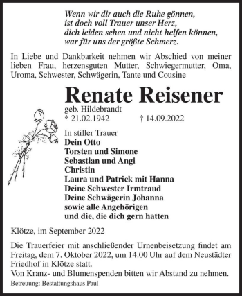 Traueranzeige von Renate Reisener (geb. Hildebrandt)  von Magdeburger Volksstimme