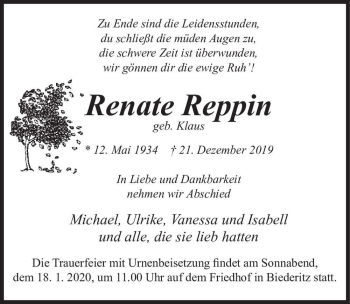 Traueranzeige von Renate Reppin (geb. Klaus)  von Magdeburger Volksstimme