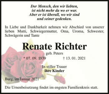 Traueranzeige von Renate Richter (geb. Peters)  von Magdeburger Volksstimme