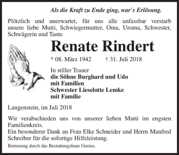 Traueranzeige von Renate Rindert  von Magdeburger Volksstimme