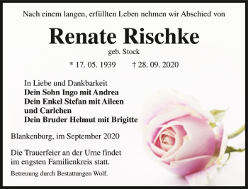 Traueranzeige von Renate Rischke (geb. Stock)  von Magdeburger Volksstimme