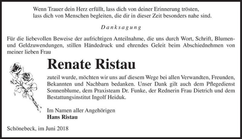  Traueranzeige für Renate Ristau  vom 30.06.2018 aus Magdeburger Volksstimme
