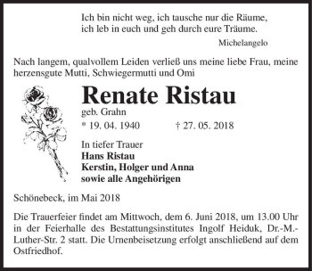 Traueranzeige von Renate Ristau (geb. Grahn)  von Magdeburger Volksstimme
