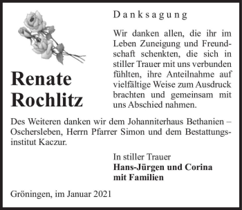 Traueranzeige von Renate Rochlitz  von Magdeburger Volksstimme