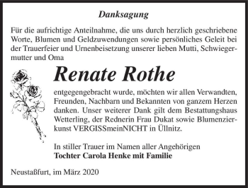 Traueranzeige von Renate Rothe  von Magdeburger Volksstimme