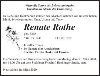 Traueranzeige von Renate Rothe (geb. Zeitz)  von Magdeburger Volksstimme