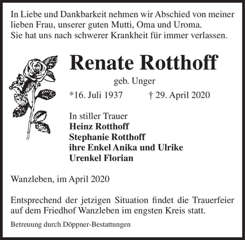  Traueranzeige für Renate Rotthoff (geb. Unger)  vom 02.05.2020 aus Magdeburger Volksstimme