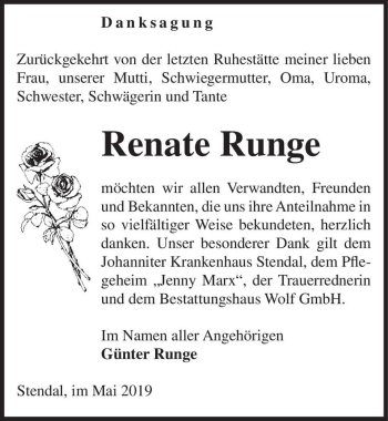 Traueranzeige von Renate Runge  von Magdeburger Volksstimme