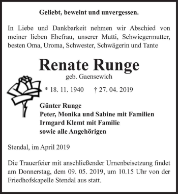 Traueranzeige von Renate Runge (geb. Gaensewich)  von Magdeburger Volksstimme