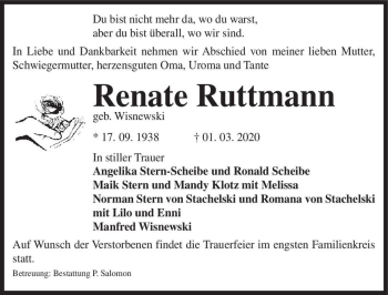 Traueranzeige von Renate Ruttmann (geb. Wisnewski)  von Magdeburger Volksstimme