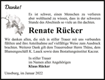 Traueranzeige von Renate Rücker  von Magdeburger Volksstimme