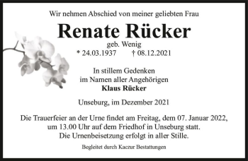 Traueranzeige von Renate Rücker (geb. Wenig)  von Magdeburger Volksstimme