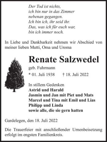 Traueranzeige von Renate Salzwedel (geb. Fuhrmann)  von Magdeburger Volksstimme