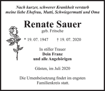 Traueranzeige von Renate Sauer (geb. Fritsche)  von Magdeburger Volksstimme