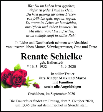 Traueranzeige von Renate Schielke (geb. Ballerstedt)  von Magdeburger Volksstimme
