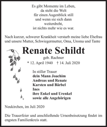 Traueranzeige von Renate Schildt (geb. Rachner)  von Magdeburger Volksstimme