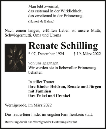 Traueranzeige von Renate Schilling  von Magdeburger Volksstimme