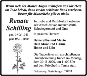 Traueranzeige von Renate Schilling  von Magdeburger Volksstimme