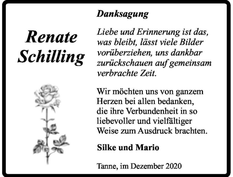  Traueranzeige für Renate Schilling  vom 12.12.2020 aus Magdeburger Volksstimme