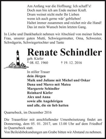 Traueranzeige von Renate Schindler (geb. Kiefer)  von Magdeburger Volksstimme