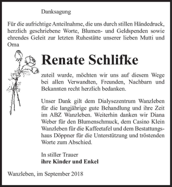 Traueranzeige von Renate Schlifke  von Magdeburger Volksstimme
