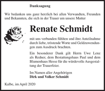 Traueranzeige von Renate Schmidt  von Magdeburger Volksstimme