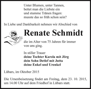 Traueranzeige von Renate Schmidt  von Magdeburger Volksstimme