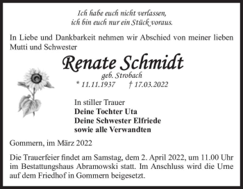 Traueranzeige von Renate Schmidt (geb. Strobach)  von Magdeburger Volksstimme