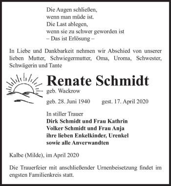 Traueranzeige von Renate Schmidt (geb. Wackrow)  von Magdeburger Volksstimme
