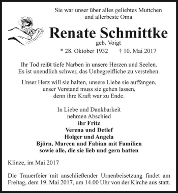 Traueranzeige von Renate Schmittke (geb. Voigt)  von Magdeburger Volksstimme