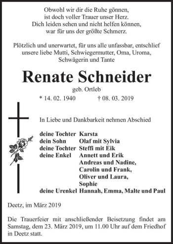 Traueranzeige von Renate Schneider (geb. Ortleb)  von Magdeburger Volksstimme