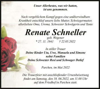 Traueranzeige von Renate Schneller (geb. Wegener)  von Magdeburger Volksstimme