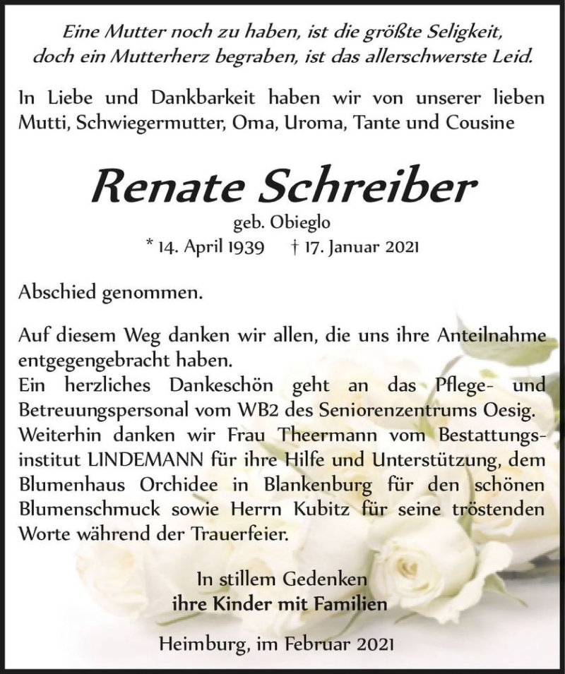  Traueranzeige für Renate Schreiber (geb. Obieglo)  vom 27.02.2021 aus Magdeburger Volksstimme