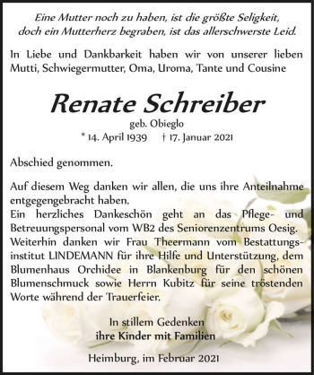 Traueranzeige von Renate Schreiber (geb. Obieglo)  von Magdeburger Volksstimme