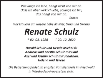 Traueranzeige von Renate Schulz  von Magdeburger Volksstimme