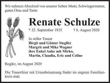 Traueranzeige von Renate Schulze  von Magdeburger Volksstimme