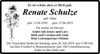 Traueranzeige von Renate Schulze (geb. Huke)  von Magdeburger Volksstimme