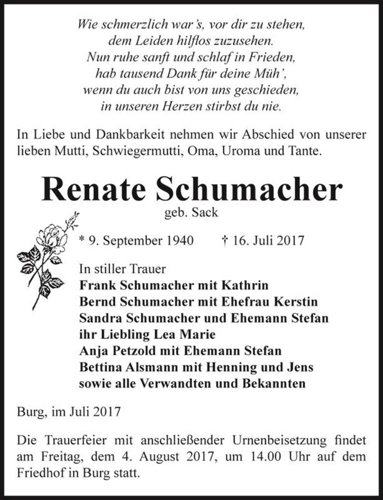  Traueranzeige für Renate Schumacher (geb. Sack)  vom 29.07.2017 aus Magdeburger Volksstimme