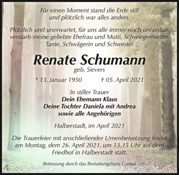 Traueranzeige von Renate Schumann (geb. Sievers)  von Magdeburger Volksstimme