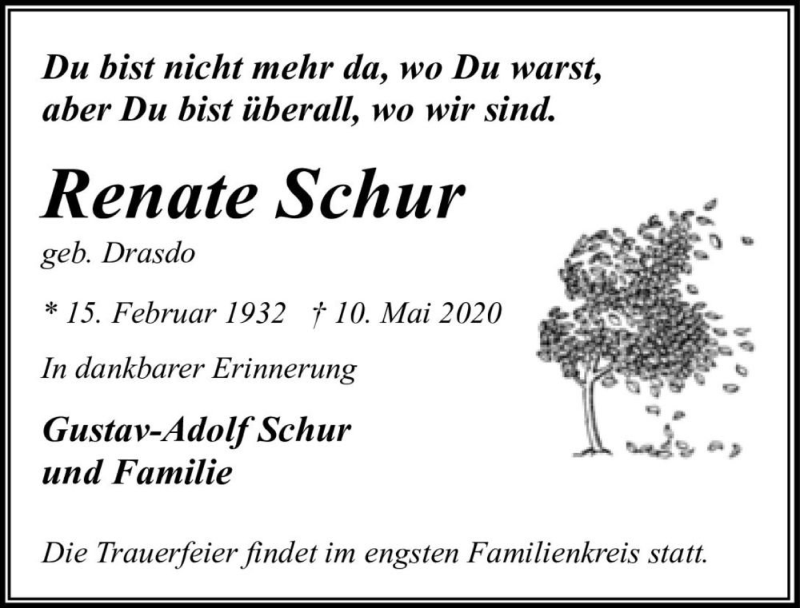  Traueranzeige für Renate Schur (geb. Drasdo)  vom 23.05.2020 aus Magdeburger Volksstimme