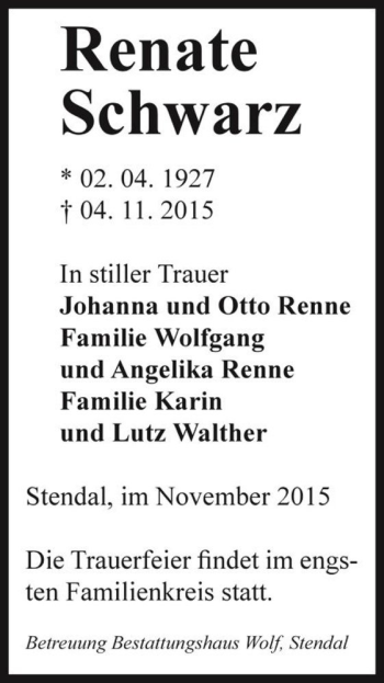 Traueranzeige von Renate Schwarz  von Magdeburger Volksstimme
