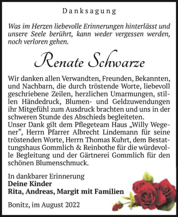 Traueranzeige von Renate Schwarze  von Magdeburger Volksstimme