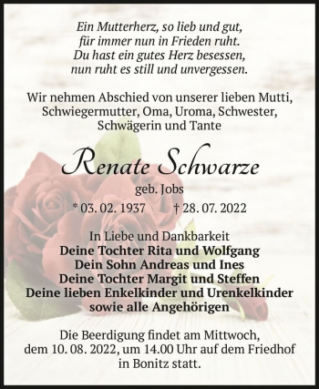 Traueranzeige von Renate Schwarze (geb. Jobs)  von Magdeburger Volksstimme