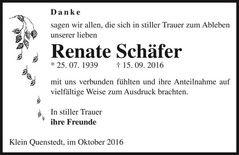  Traueranzeige für Renate Schäfer  vom 15.10.2016 aus Magdeburger Volksstimme