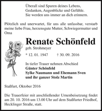 Traueranzeige von Renate Schönfeld (geb. Strohmeyer)  von Magdeburger Volksstimme