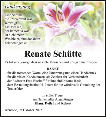 Traueranzeige von Renate Schütte  von Magdeburger Volksstimme
