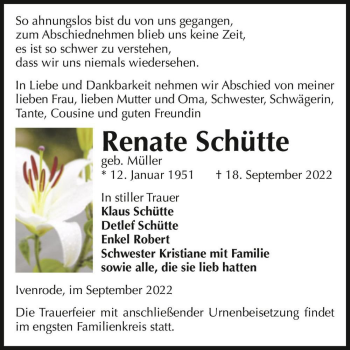 Traueranzeige von Renate Schütte (geb. Müller)  von Magdeburger Volksstimme