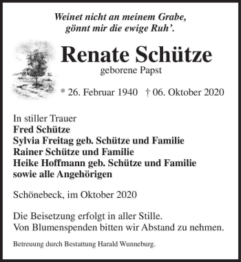 Traueranzeige von Renate Schütze (geb. Papst)  von Magdeburger Volksstimme