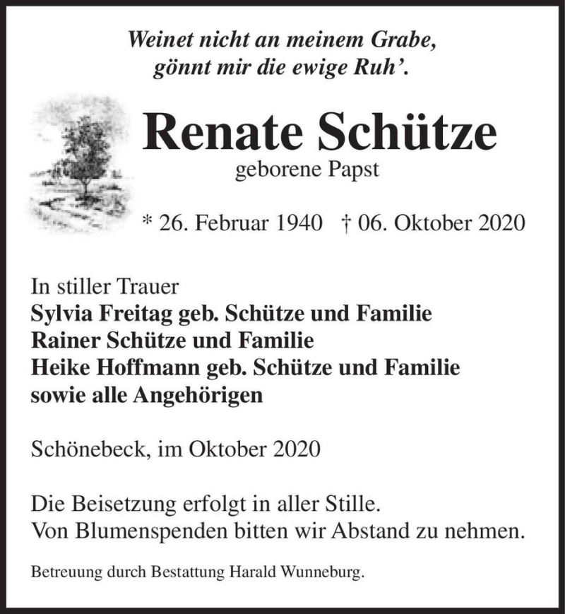  Traueranzeige für Renate Schütze (geb. Papst)  vom 17.10.2020 aus Magdeburger Volksstimme