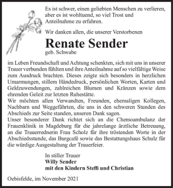 Traueranzeige von Renate Sender (geb. Schwabe)  von Magdeburger Volksstimme